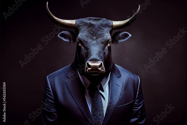 Fototapeta Portrait of a bull wearing a suite on a black background. generative ai