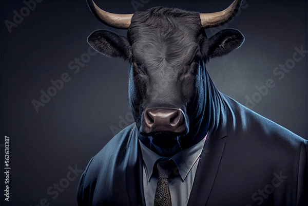 Fototapeta Portrait of a bull wearing a suite on a black background. generative ai