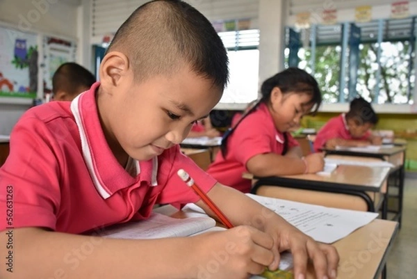 Fototapeta Early elementary school children in Thai student uniform are intending to make work sheets in the classroom.