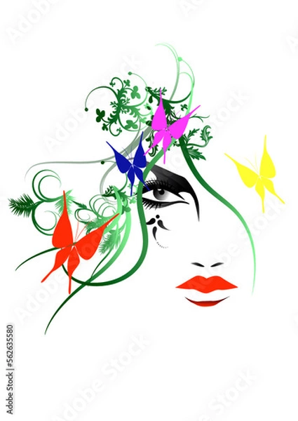 Fototapeta 女性の顔、蝶、ヘアースタイル