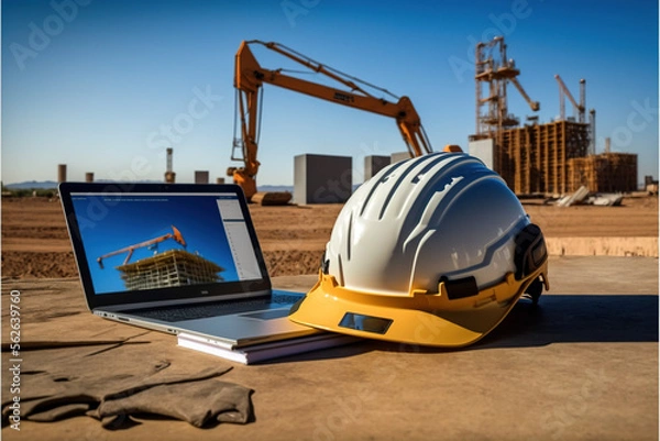 Fototapeta helmet and computer on construction site.Generative AI