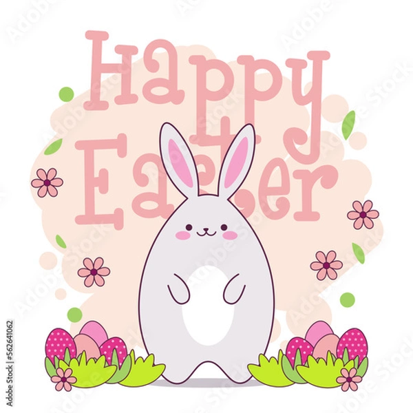 Fototapeta Happy Easter banner with cute kawaii rabbit, easter eggs and flowers. Colorful greeting card with cartoon bunny