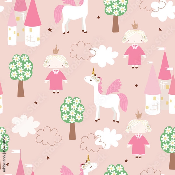 Fototapeta Cute seamless pattern with princess, castle and pegasus. Fairy childish print. Vector hand drawn illustration.