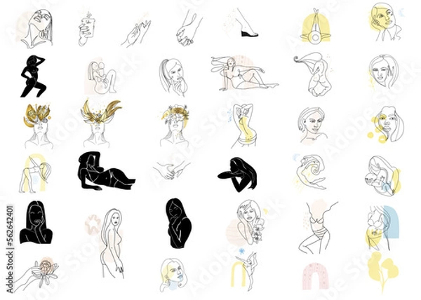 Fototapeta Set of abstractions, lines, contour drawings of hands, female body beauty, motherhood, naked body, silhouette, outline, one line with abstract spots, elements.