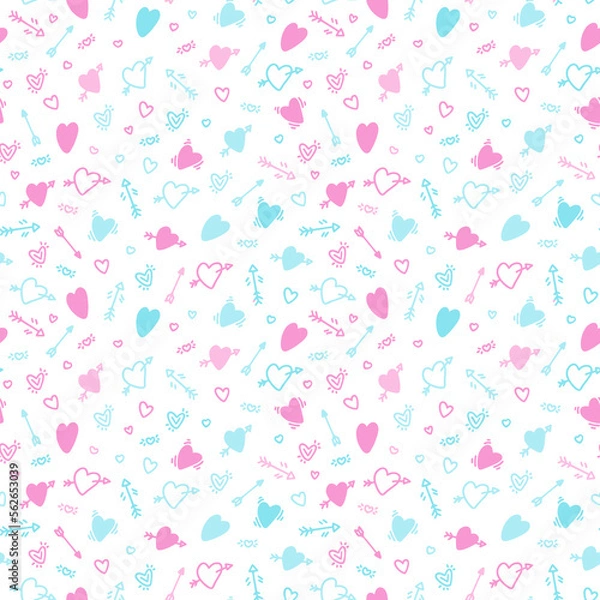 Fototapeta Seamless pattern with pink nd turquoise hearts and arrows on a white background in doodle style.