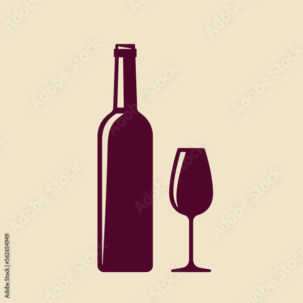 Fototapeta Red wine flat illustration. Stylized red wine bottle and glass on beige background. Best for logo, web, posters, print, cards, menu concept and branding design.