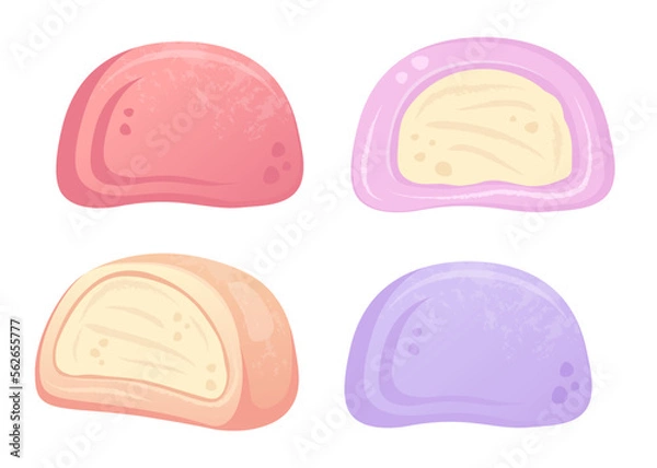 Fototapeta Set of various whole and half Mochi isolated. Japanese traditional dish. Vector flat drawn illustration for restaurant dishes, menu, dessert, cooking concept