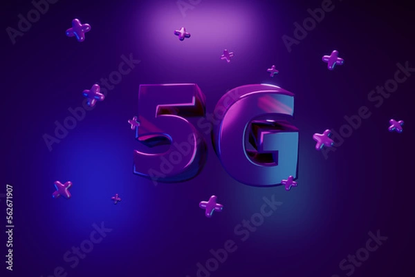 Fototapeta 3d render. 5G high speed internet. Volumetric letters on a purple background