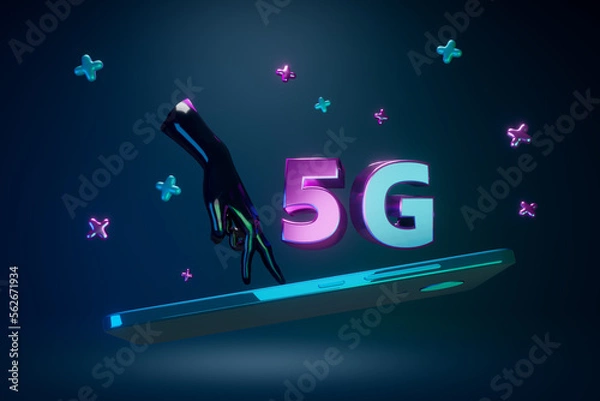 Fototapeta 3d render. 5G internet. Cyberspace. The hand is on the phone like on a surf