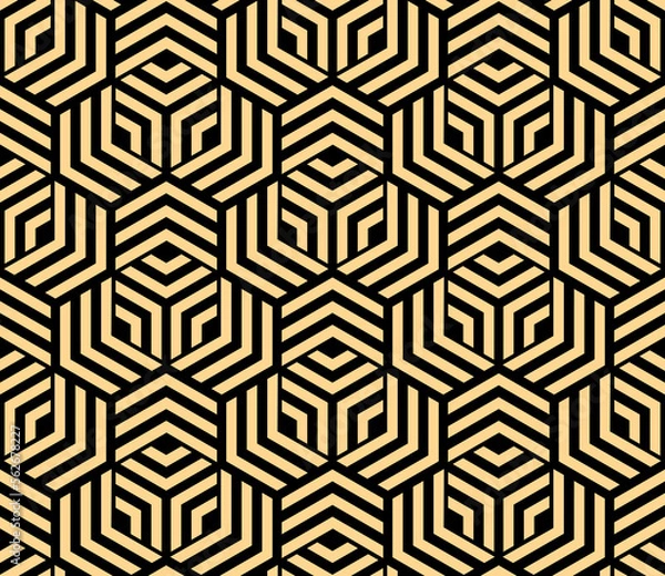 Obraz Abstract geometric pattern with stripes, lines. Seamless vector background. Gold and black ornament. Simple lattice graphic design