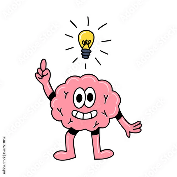 Fototapeta Brain emotion vector cartoon character cute face finger point up genius eureka electric bulb idea clever smart isolated on white background