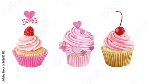 Obraz Hand drawn watercolor cupcakes isolated on white background.Romantic cakes