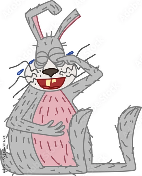 Fototapeta The grey hare laughs with tears. Vector illustration in doodle style. The symbol of 2023.