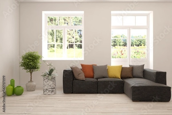 Obraz White living room with sofa and summer landscape in window. Scandinavian interior design. 3D illustration
