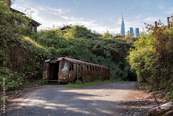 Fototapeta Ruins overgrown by plants. In foreground a old rusted bus. In a city skyline. Generative AI
