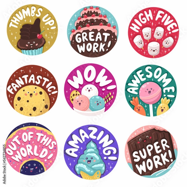 Fototapeta Cupcake,marshmallow, ice cream, candy, chokolate, donut, cookie. Kid’s Reward Sticker Set for teacher with sweets theme. Hand drawn digital vector illustrations
