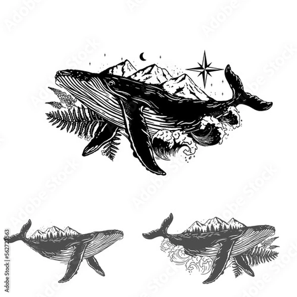 Fototapeta Mountains on humpback whale's back with ocean waves and fern. Hand drawn vector illustrations