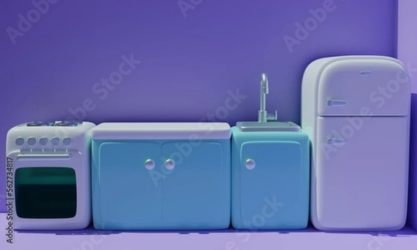 Obraz Cute kitchen in cartoon style. 3d rendering