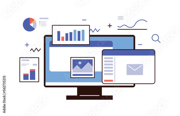 Fototapeta business, analysis, management, marketing, development, infographic on monitor computer flat vector illustration.