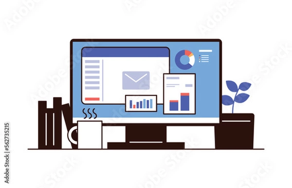 Fototapeta monitor, coffee, plant and book in workplace business computer flat vector illustration.