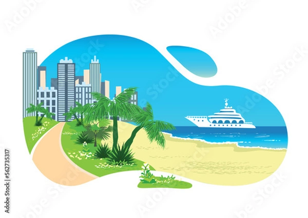 Obraz Vector illustration of a city beach surrounded by palm trees and tropical plants against the backdrop of the skyscrapers of a big city by the sea. Rest in the resort town.