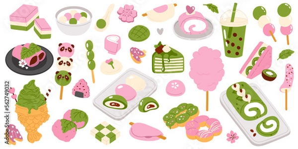 Fototapeta Vector illustration set of colored in one style cute doodle asian food for print ,design, greeting card,sticker,icon