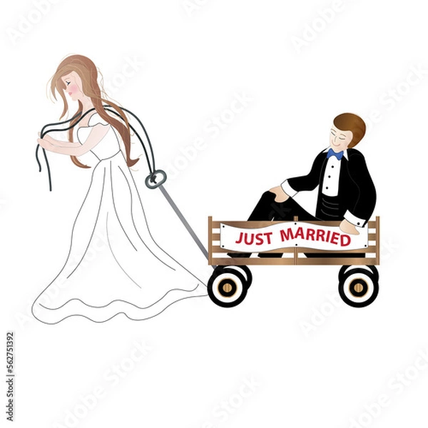 Fototapeta Humorous illustration of a bride pulling the groom behind her in a wagon with a sign on it, just married.