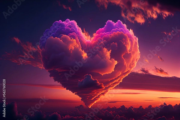 Obraz Image of a heart-shaped cloud formation set against a vibrant sunset sky. Generative AI.