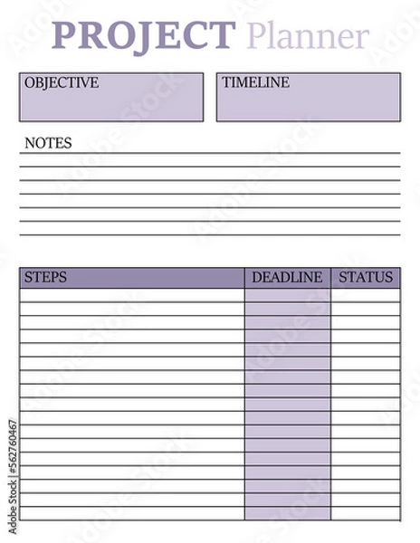 Fototapeta Project Planner Template. A concise design for a business notepad page. Business organizer. Project schedule. Letter format. Vector illustration