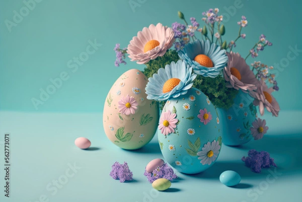 Obraz colorful easter eggs with flowers, generative ai