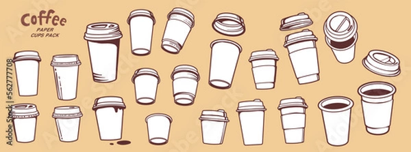 Fototapeta Vector set of illustration of coffee paper cup with lid on light color background. Black and white line art style design of takeout coffee cup