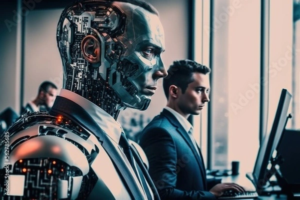 Fototapeta Biznesmen pracujący z sztuczną inteligencją cyborgiem w warunkach biurowych, przedstawiający przyszłość pracy i integrację sztucznej inteligencji w sile roboczej, generatywne AI
