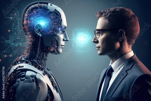 Fototapeta A business man standing in front of an AI robot, representing the future of work with the help of artificial intelligence, generative ai