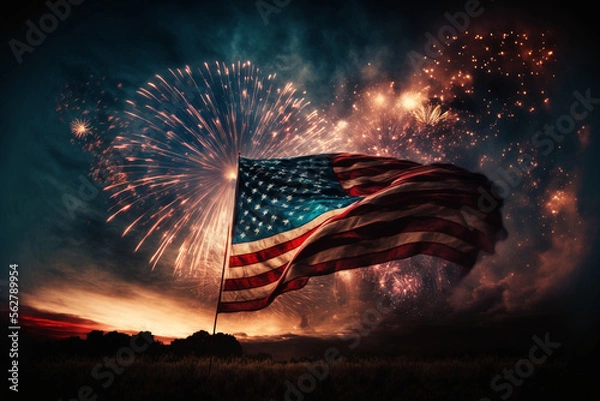 Fototapeta american flag waving with fireworks in the background made by generative ai