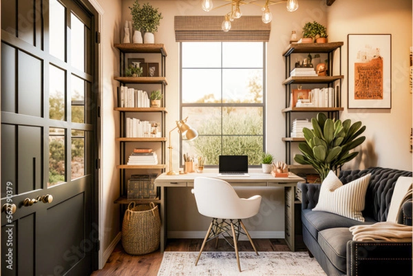 Fototapeta a cozy farmhouse style home office with a floor to ceiling bookshelf and warm lighting, boho neutral tones, AI assisted finalized in Photoshop by me 
