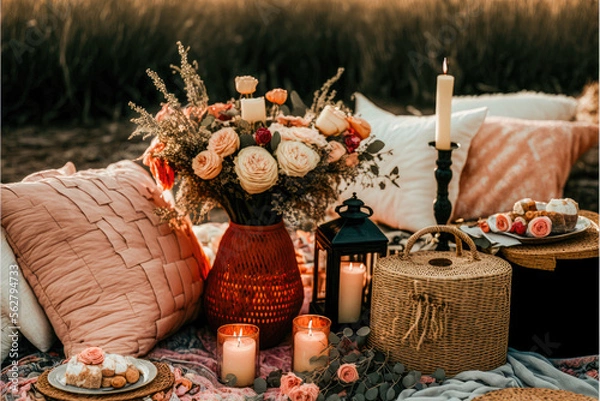 Fototapeta Valentines day boho picnic with soft peach and warm florals, candles, AI assisted finalized in Photoshop by me 
