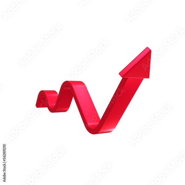 Fototapeta Red wavy volumetric arrow pointing up. Isolated on a transparent background. 3d render