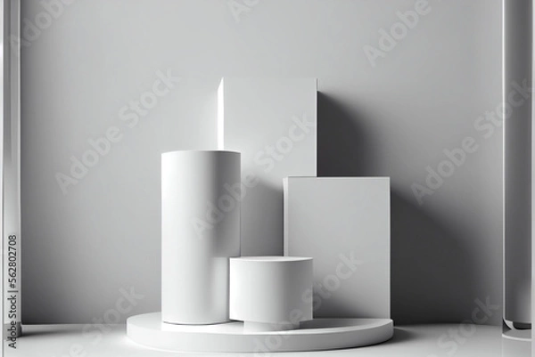 Fototapeta Modern white cube and cylinder step pedestal podium, Generated ai
