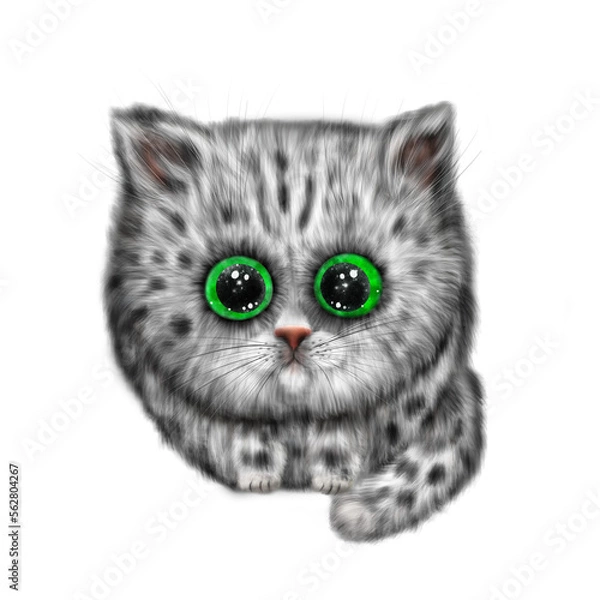 Obraz Cute silver fluffy kitten with bright green eyes. Procreate illustration. Cute brown cat.
