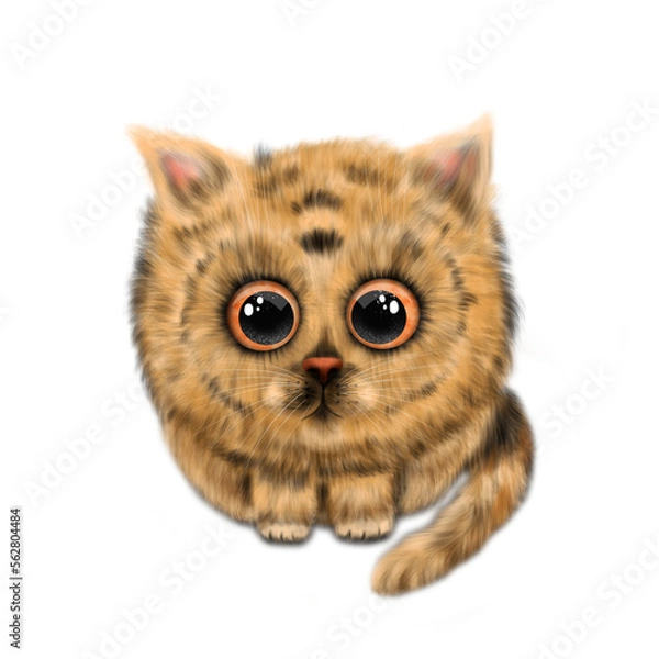 Obraz Cute beige fluffy kitten with light orange eyes. Procreate illustration. Cute light-orange cat.