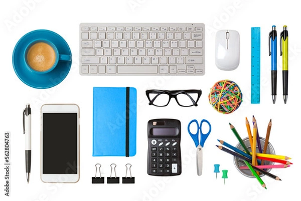 Obraz Office desk objects isolated on transparent background.  Top view, flat lay