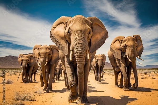 Fototapeta Herd of Wild Elephants in the African Savannah. Generative AI.