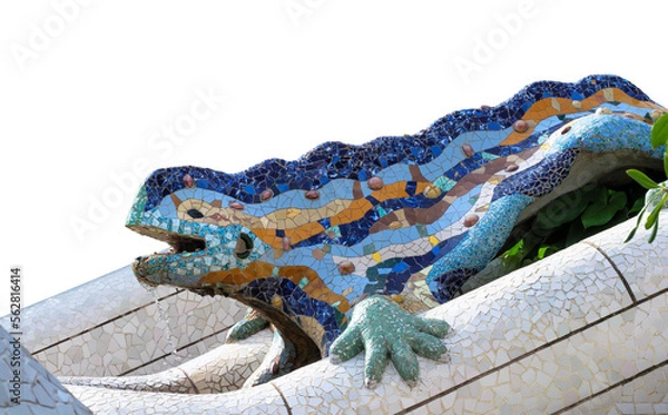 Fototapeta Lizard Fountain at Park Guell, popular touristic objects in Barcelona, Spain. Multicolored mosaic of Salamander or Dragon, isolated on white background.