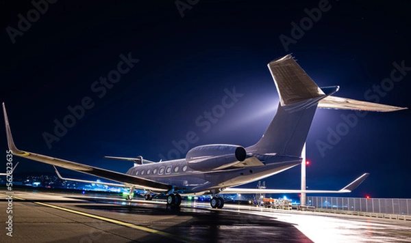 Fototapeta Private jet parked at night, making an elegant aviation background. Business jet is the way to travel for millionairs. This jet was parked at Zurich airport during the world economic forum (WEF)