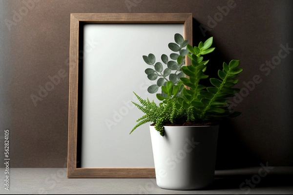 Fototapeta Wooden vertical frame with white blank card and green plant in concrete pot on wooden table on grey wall background, minimal loft mockup for your design, free space for text. AI generated image.