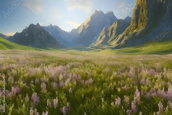 Fototapeta A meadow with wildflowers in spring. Generative AI