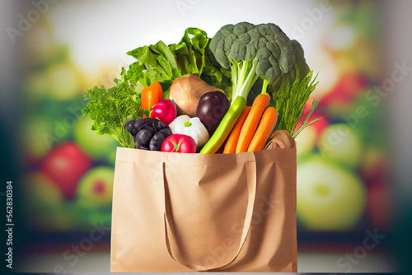 Fototapeta Nachhaltige Papiertüte voller gesunde Lebensmittel - Generative Ai