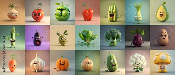 Fototapeta Happy Vegetables, Cute Cartoon 3D Collection, Simple Background, Illustration generative ai