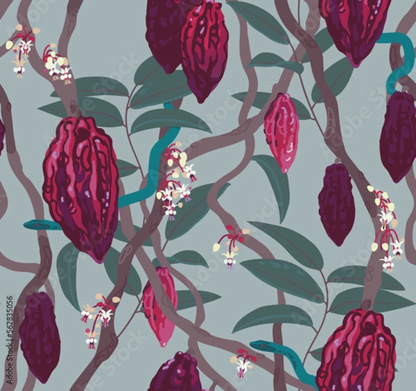 Obraz Cacao tree with cocoa beans, flowers and leaves on neutral light blue background. Hand drawn vector seamless pattern