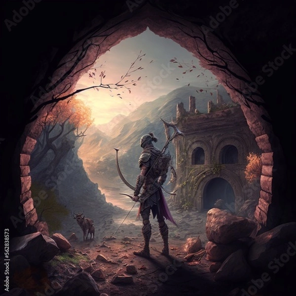 Obraz ranger archer fantasy landscape with warrior art generatif AI